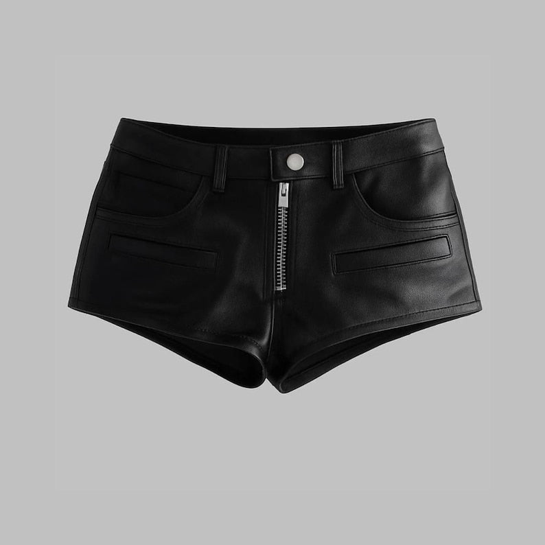 Black leather shorts on a gray background