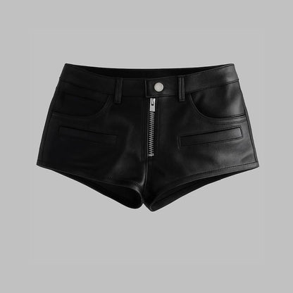 Black leather shorts on a gray background