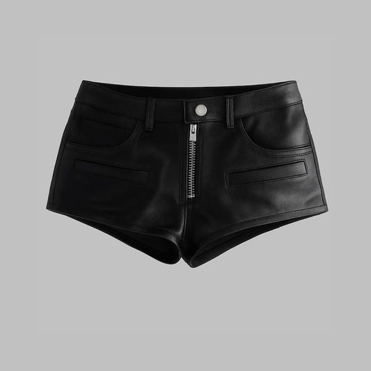 Black leather shorts on a gray background