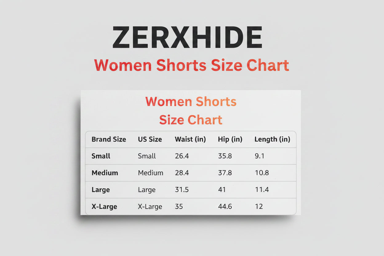 Size chart for women's shorts with brand size, US size, waist, hip, and length measurements.