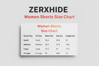 Size chart for women's shorts with brand size, US size, waist, hip, and length measurements.