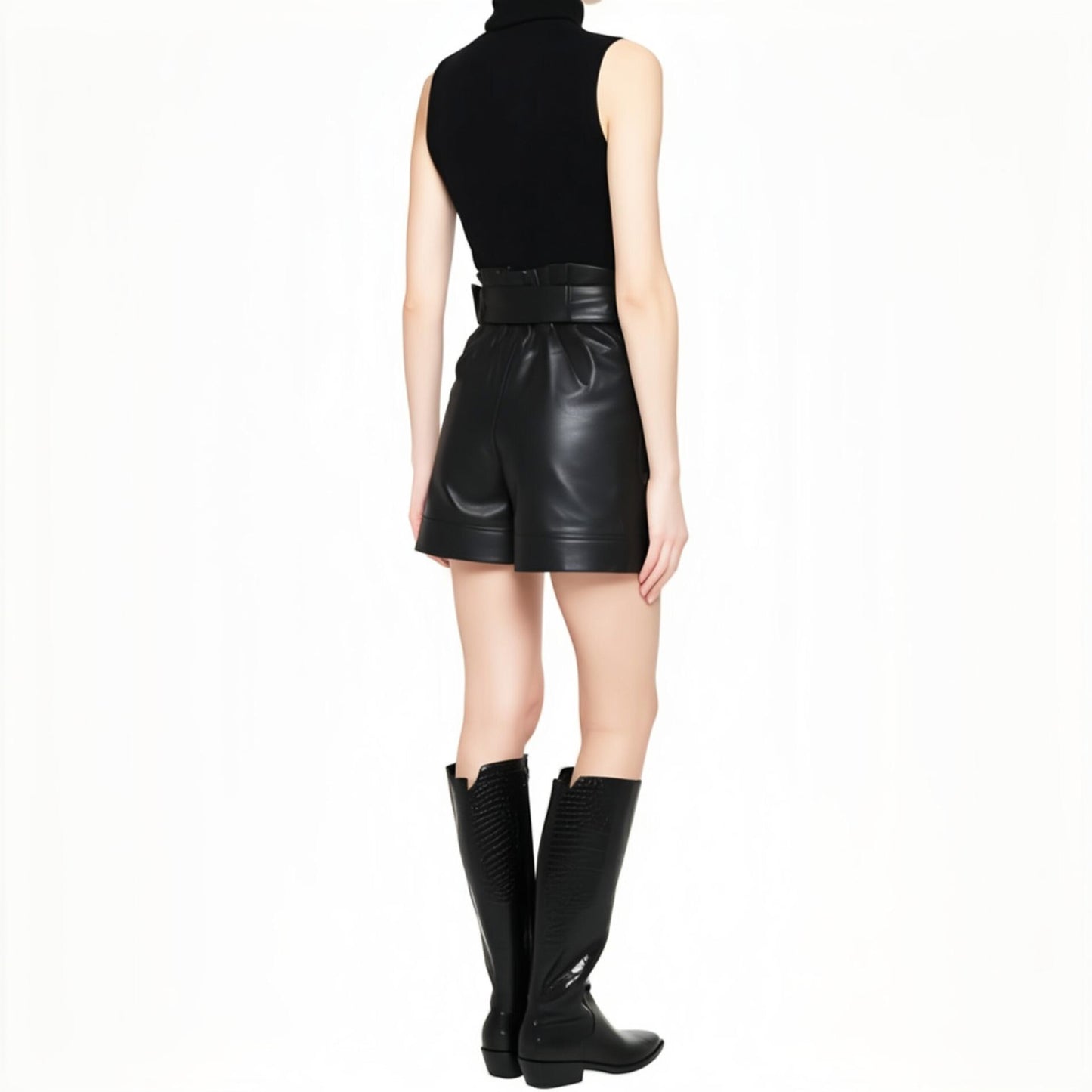 Woman wearing ZERXHIDE black leatherette shorts — back view styled with black turtleneck and knee-high boots