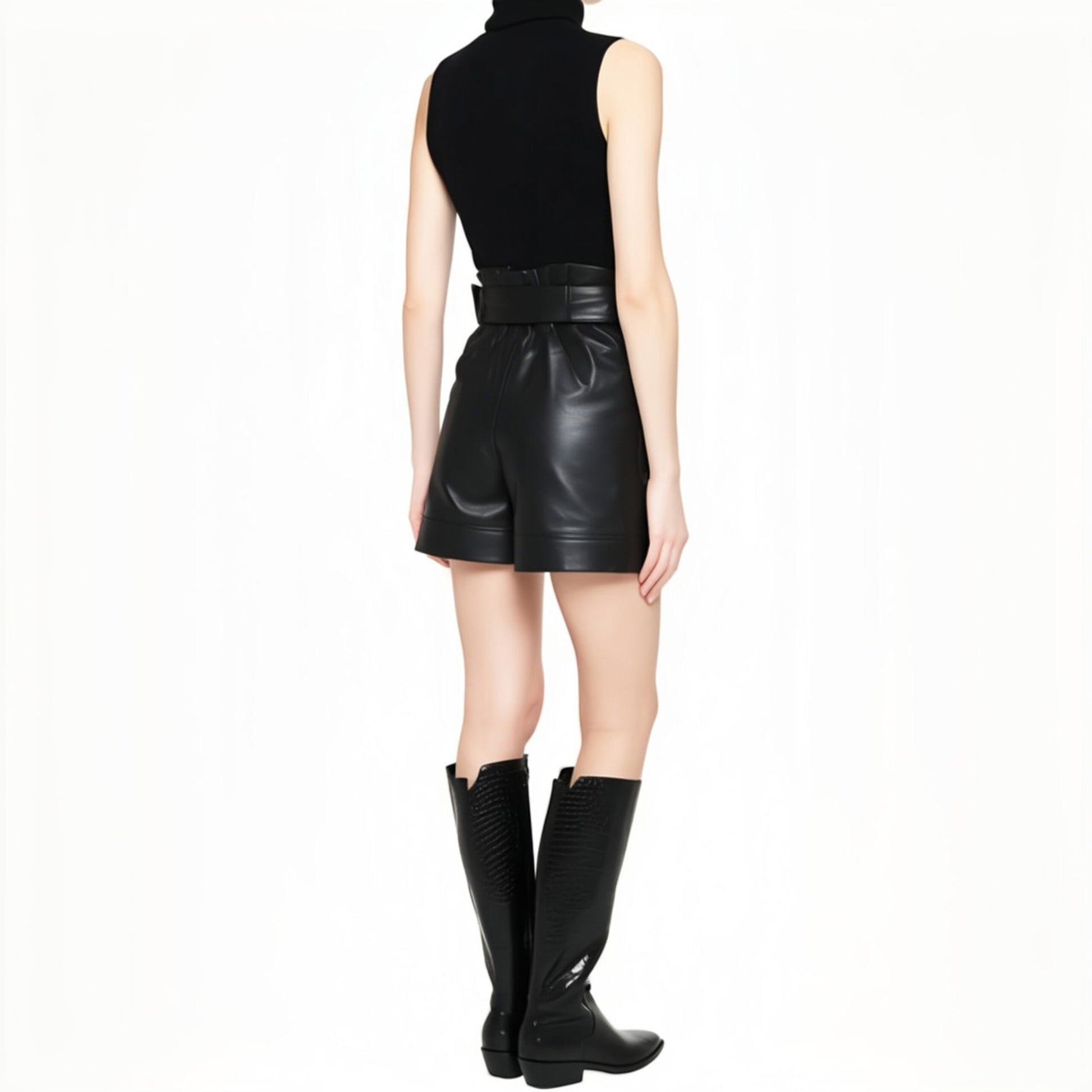 Woman wearing ZERXHIDE black leatherette shorts — back view styled with black turtleneck and knee-high boots