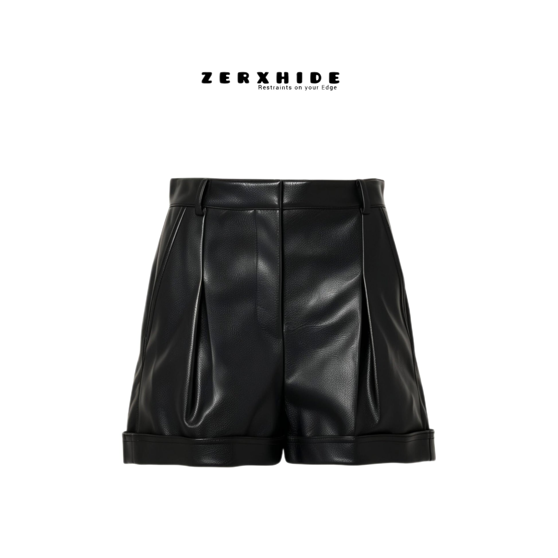 ZERXHIDE black leather shorts — front flat lay, high-waisted with front pleats and cuffed hem