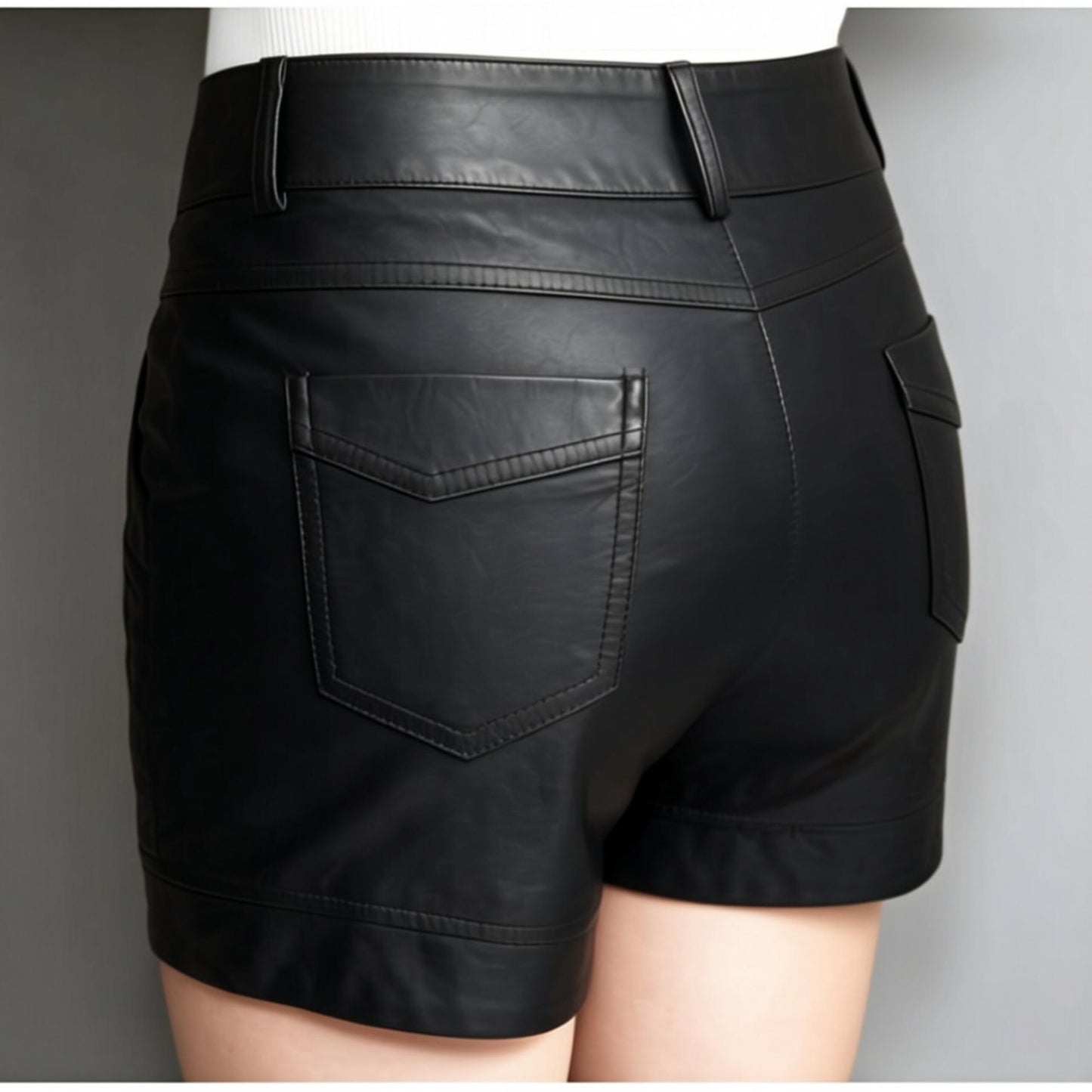 ZERXHIDE black leather shorts — back view showing back patch pockets and belt loops, high-waisted close-up