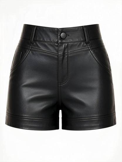 ZERXHIDE black leather shorts flat lay — front view showing snap button closure, belt loops and 5-pocket design