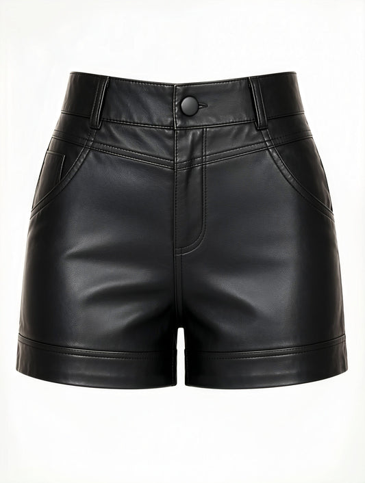 ZERXHIDE black leather shorts flat lay — front view showing snap button closure, belt loops and 5-pocket design