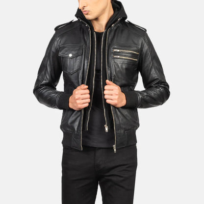 Black leather jacket with zippers on a white background