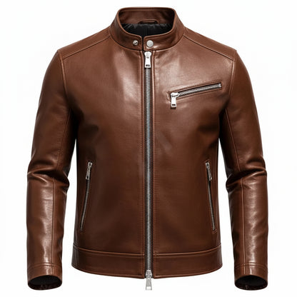 Brown leather jacket with silver zippers on a white background