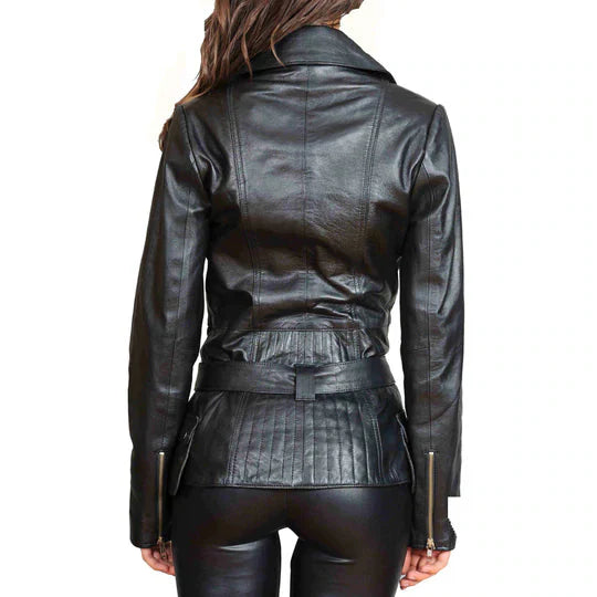 Black leather jacket worn by a person on a white background