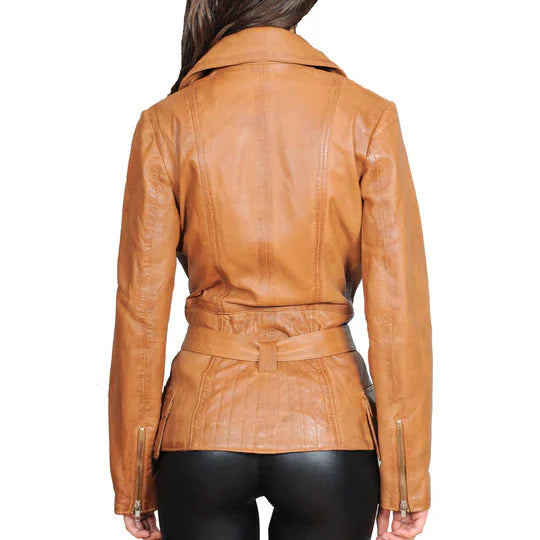Tan leather jacket worn by a person on a white background