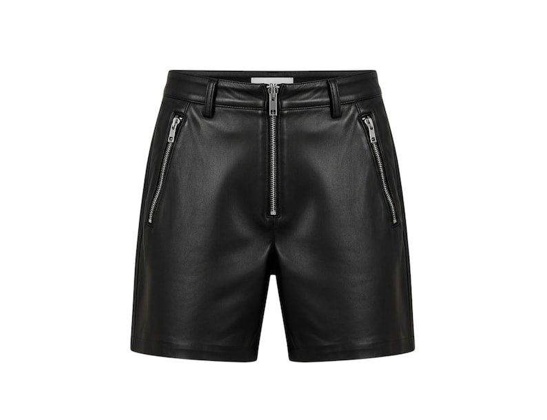 Black leather shorts with zippers on a white background