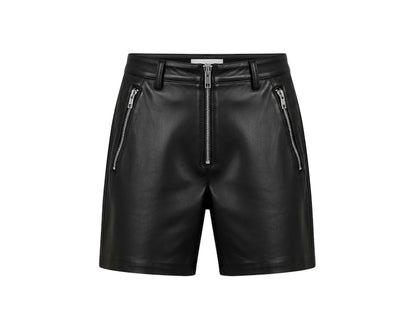Black leather shorts with zippers on a white background
