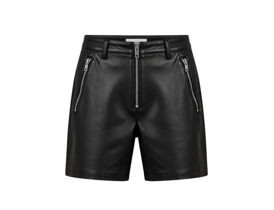 Black leather shorts with zippers on a white background