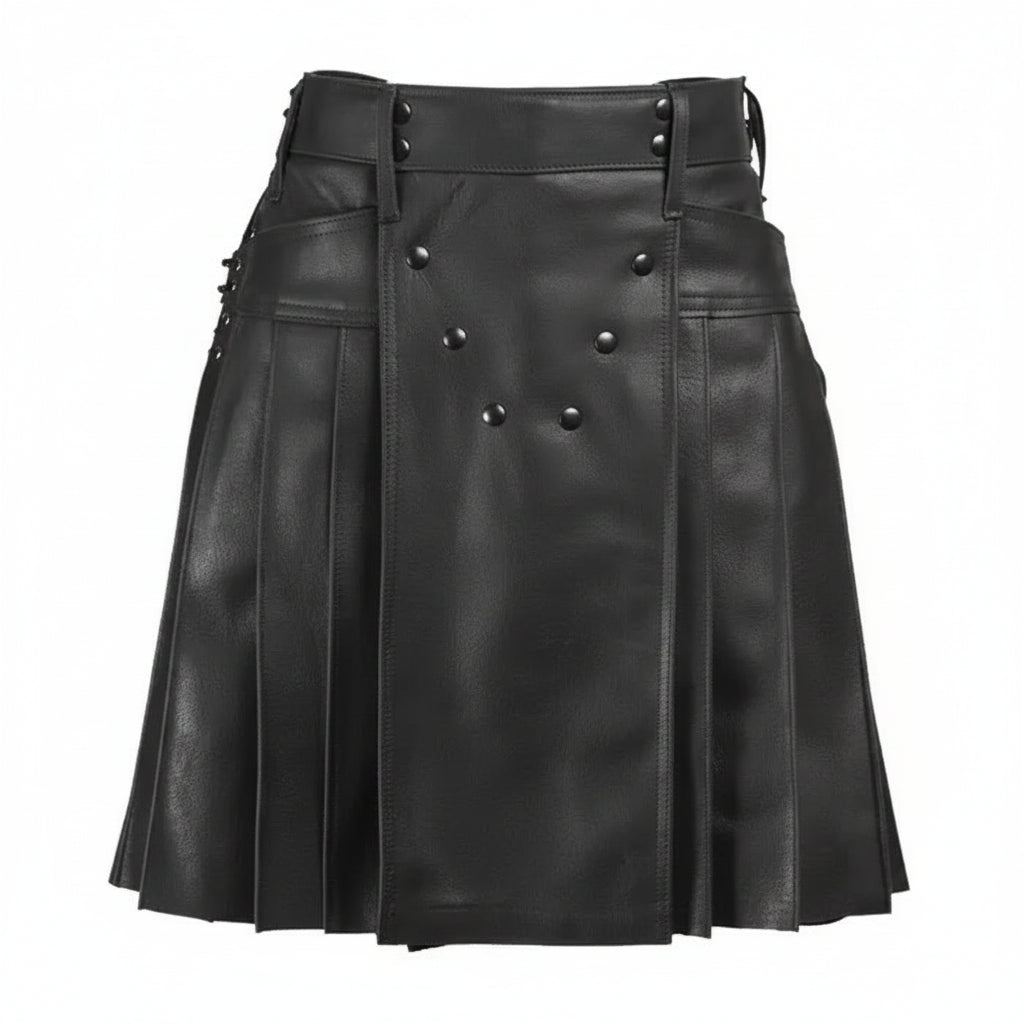 Black leather kilt with button details on a white background
