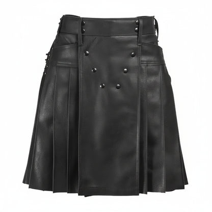 Black leather kilt with button details on a white background