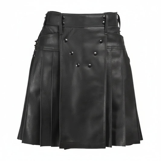 Black leather kilt with button details on a white background
