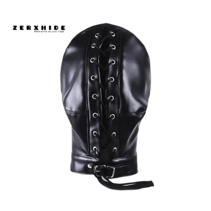 Rear view of ZERXHIDE Adjustable Laced Leather Hood showing corset-style lacing and buckled neck collar.
