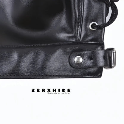 Close-up of the heavy-duty buckle and reinforced stitching on the ZERXHIDE leather hood collar.