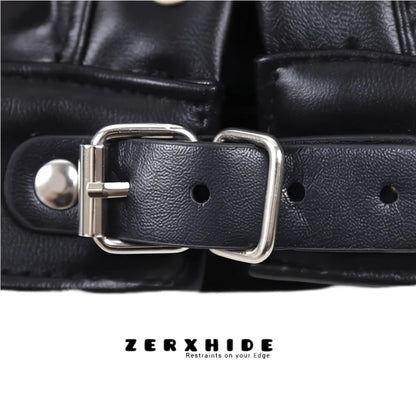 Close-up of the heavy-duty buckle and reinforced stitching on the ZERXHIDE leather hood collar.