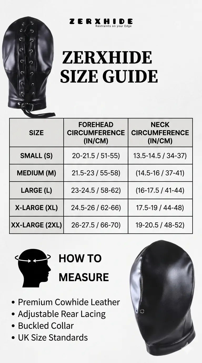 ZERXHIDE Premium Cowhide Leather Hood Size Chart showing forehead and neck measurements for sizes S to 2XL.