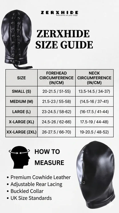 ZERXHIDE Premium Cowhide Leather Hood Size Chart showing forehead and neck measurements for sizes S to 2XL.