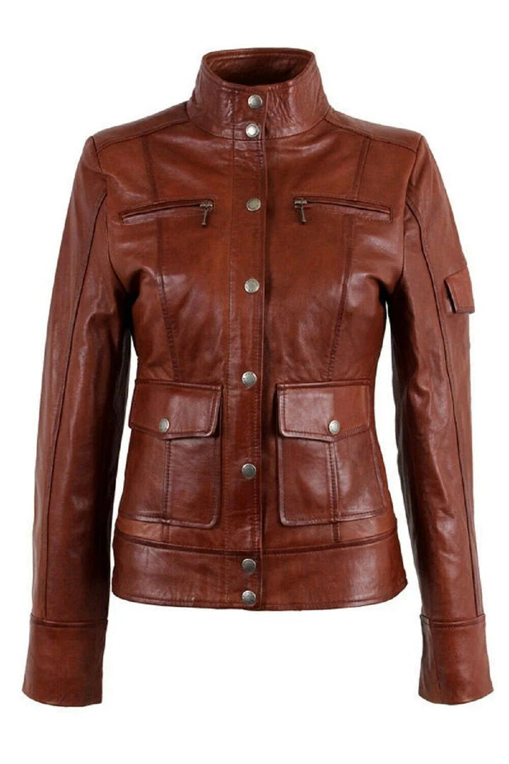 Brown leather jacket with silver buttons on a white background
