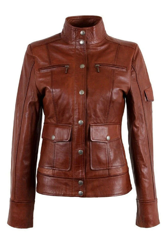 Brown leather jacket with silver buttons on a white background