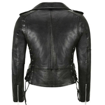 Back view of women's premium genuine biker leather jacket showcasing detailed side lacing and tailored fit.