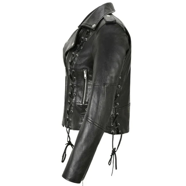 Side profile of a slim fit black biker leather jacket highlighting the leather zip pulls and zippered long sleeves.