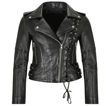 Front view of ZERXHIDE women's black biker leather jacket featuring an asymmetrical zipper and adjustable side lace design