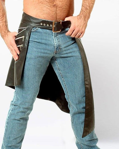 Person wearing blue jeans with a black leather apron on a white background