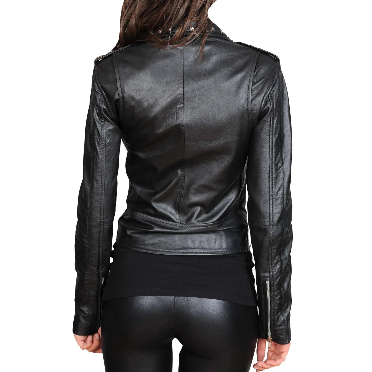 Black leather jacket worn by a person on a white background