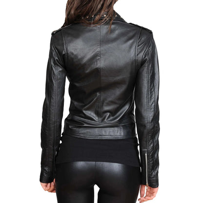 Black leather jacket worn by a person on a white background
