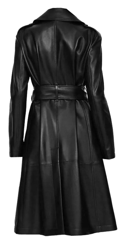 Black leather trench coat on a white background