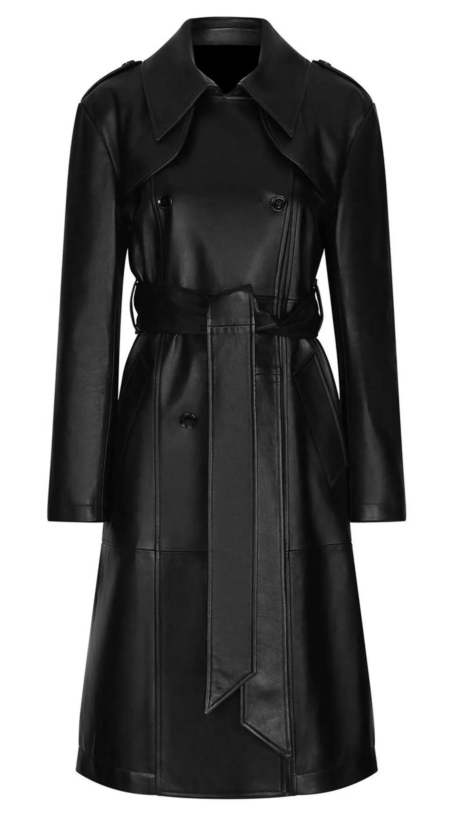 Black leather trench coat on a white background