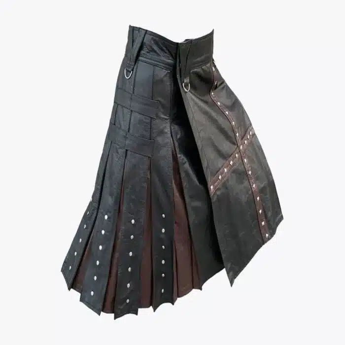 Black leather kilt with decorative elements on a white background