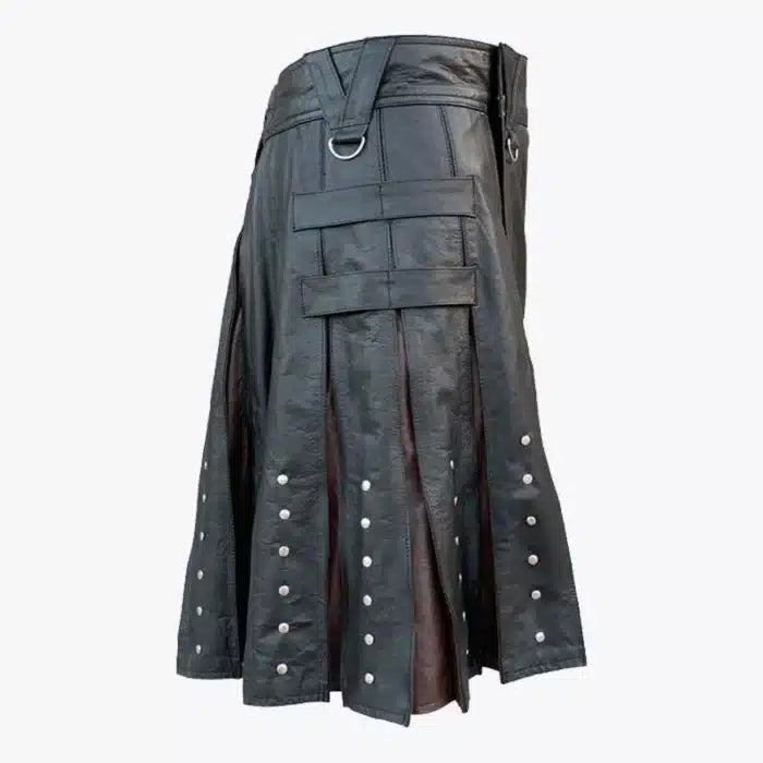Black leather kilt with silver buttons on a white background