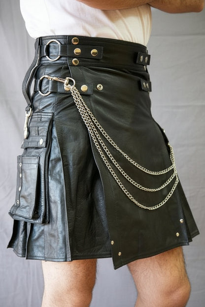 Black leather kilt with gold chain detail on a plain background