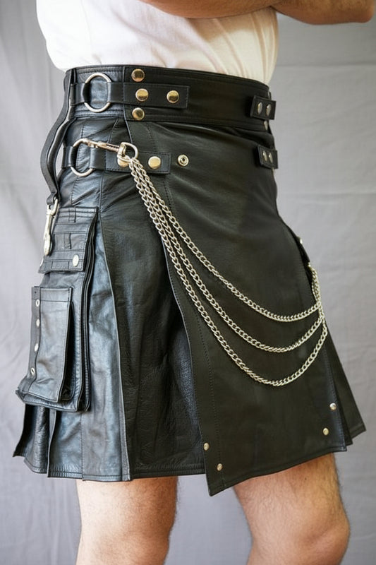 Black leather kilt with gold chain detail on a plain background