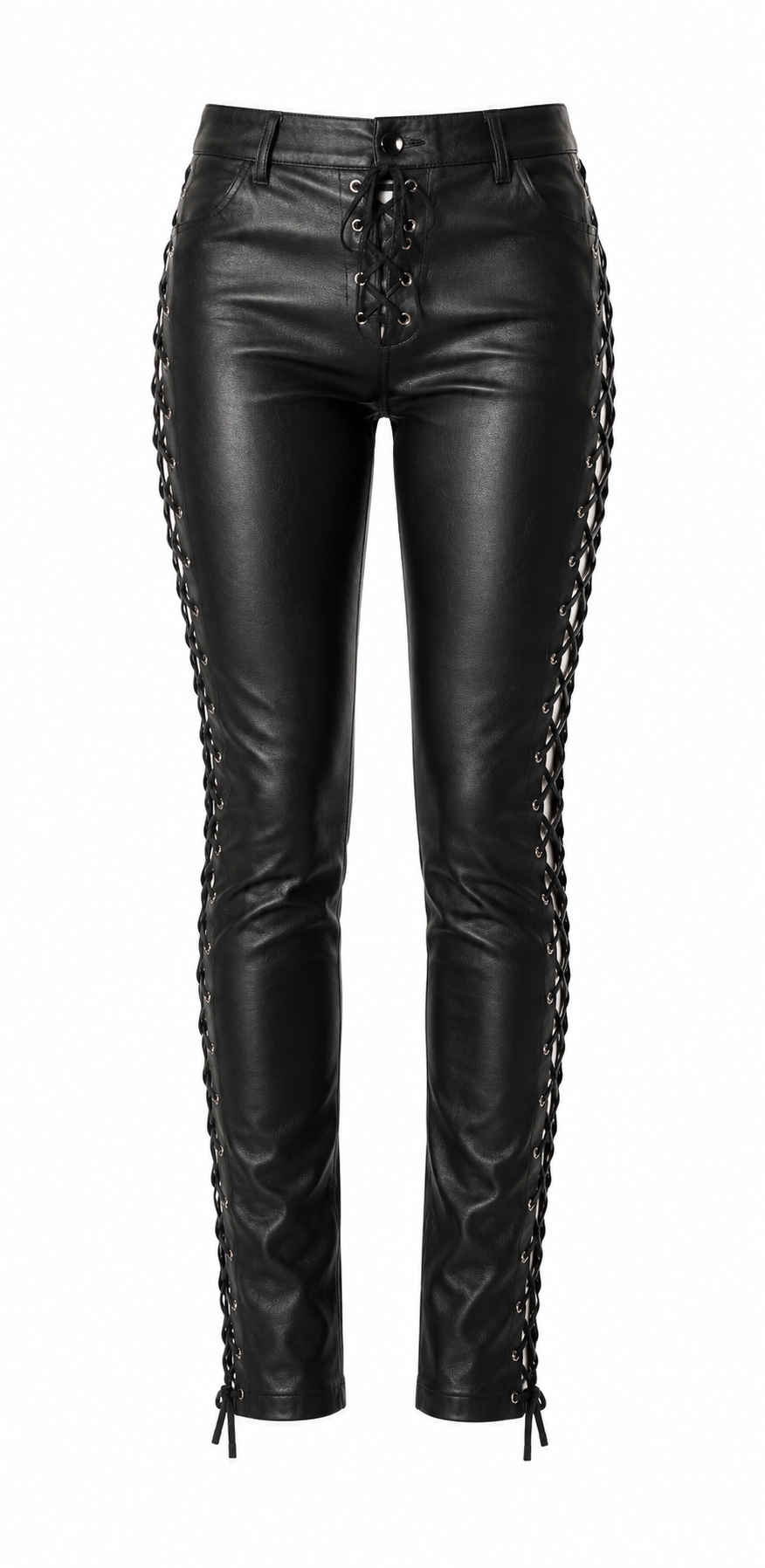 Women's black genuine leather slim fit pants front view — corset-style lace-up front closure with silver eyelets and full-length lace-up detail running down both sides, high waist, ankle lace ties, clean minimalist look on white background