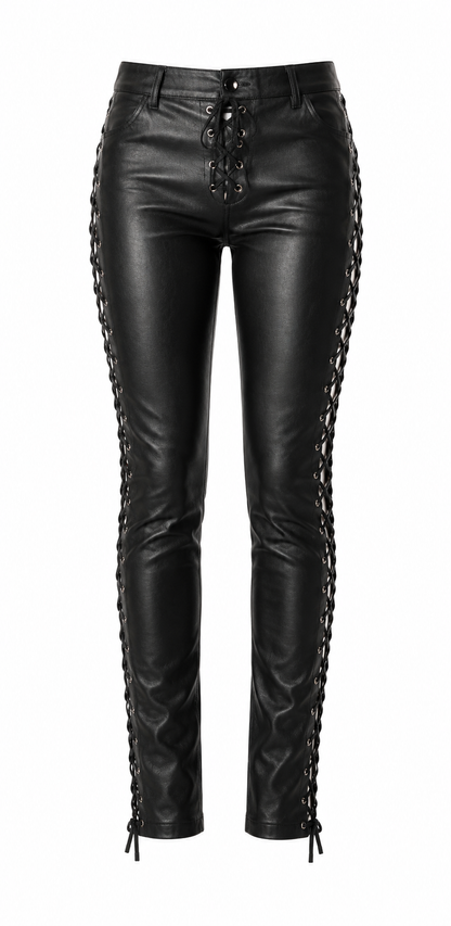 Women's black genuine leather slim fit pants front view — corset-style lace-up front closure with silver eyelets and full-length lace-up detail running down both sides, high waist, ankle lace ties, clean minimalist look on white background