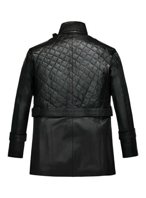 Black quilted leather jacket on a white background
