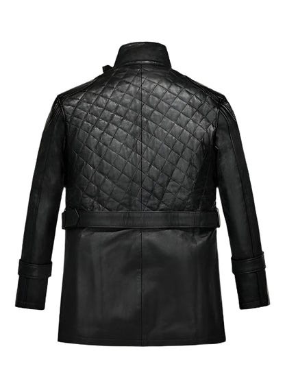 Black quilted leather jacket on a white background
