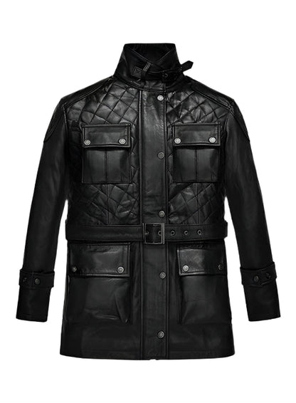 Black leather coat with quilted design on a white background