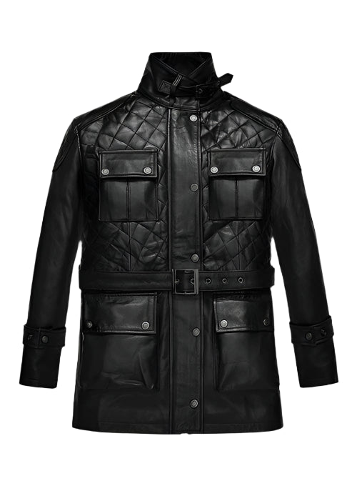 Black leather coat with quilted design on a white background