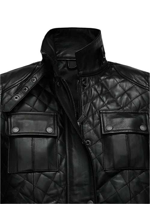 Black quilted leather jacket on a white background