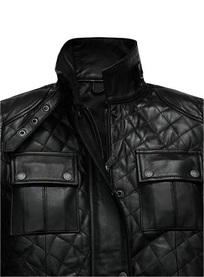 Black quilted leather jacket on a white background