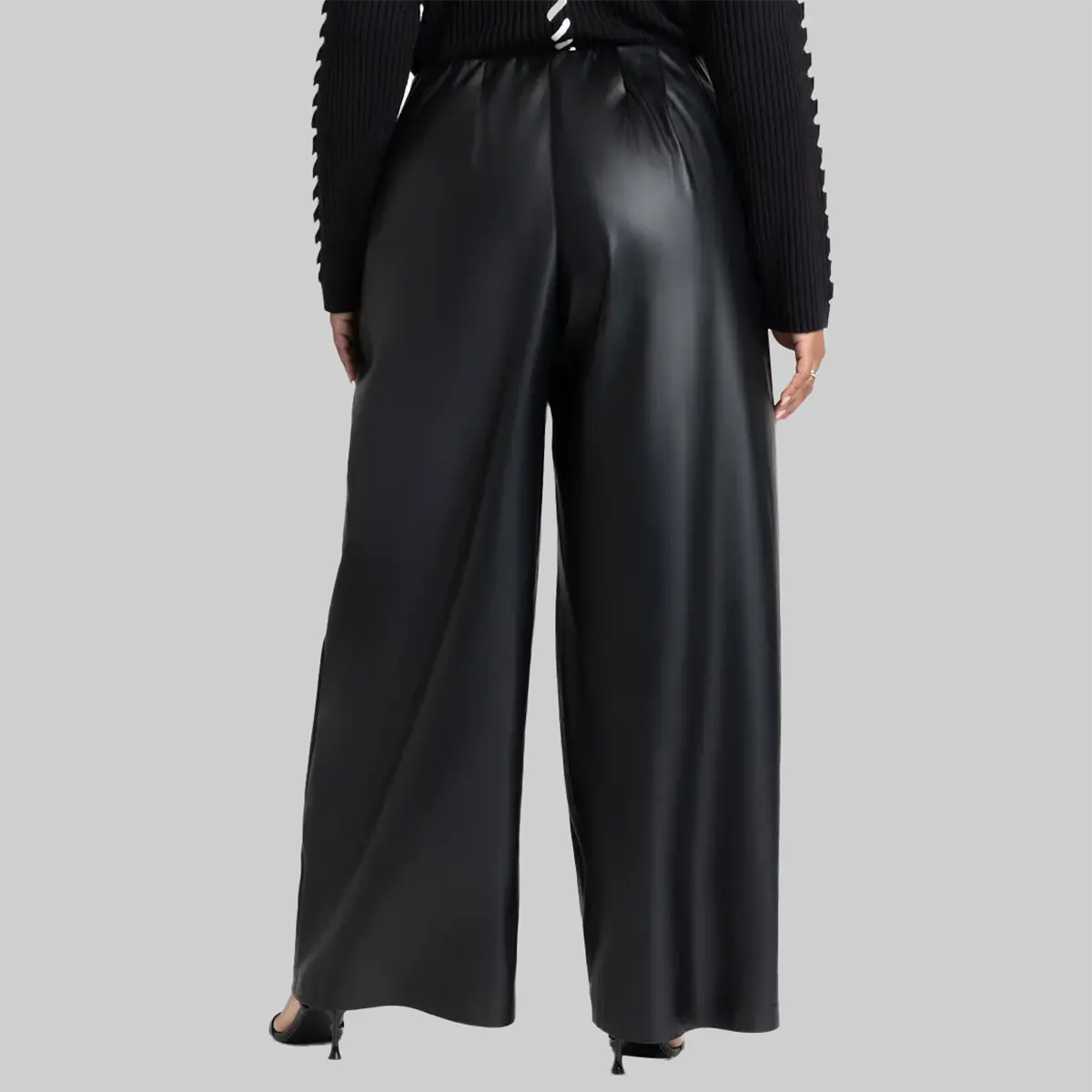 ZERXHIDE Women's Black Leather Wide Leg Belted Pants – High Waist D-Ring Belt with Front Pleat in Black ZerxHide