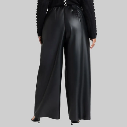 ZERXHIDE Women's Black Leather Wide Leg Belted Pants – High Waist D-Ring Belt with Front Pleat in Black ZerxHide